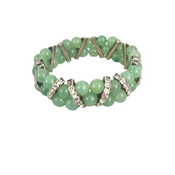 Green Jade Beaded Bracelet With Rhinestone Accents Stretch Fit - Picture 2 of 7